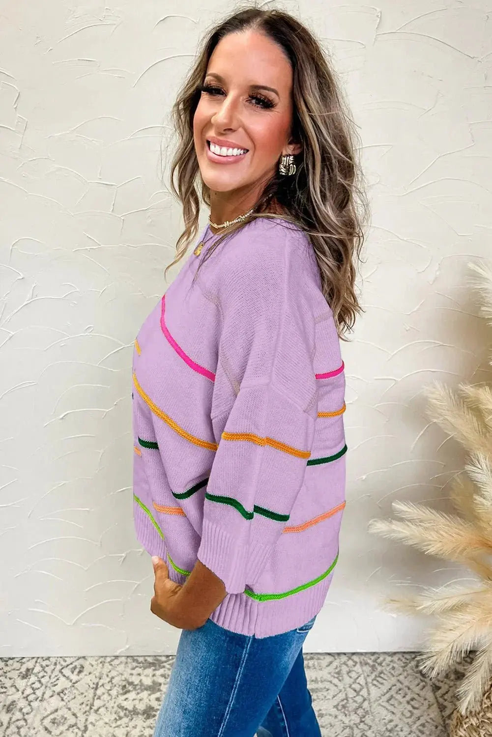 Orchid Petal Striped Half Sleeve Drop Shoulder Sweater