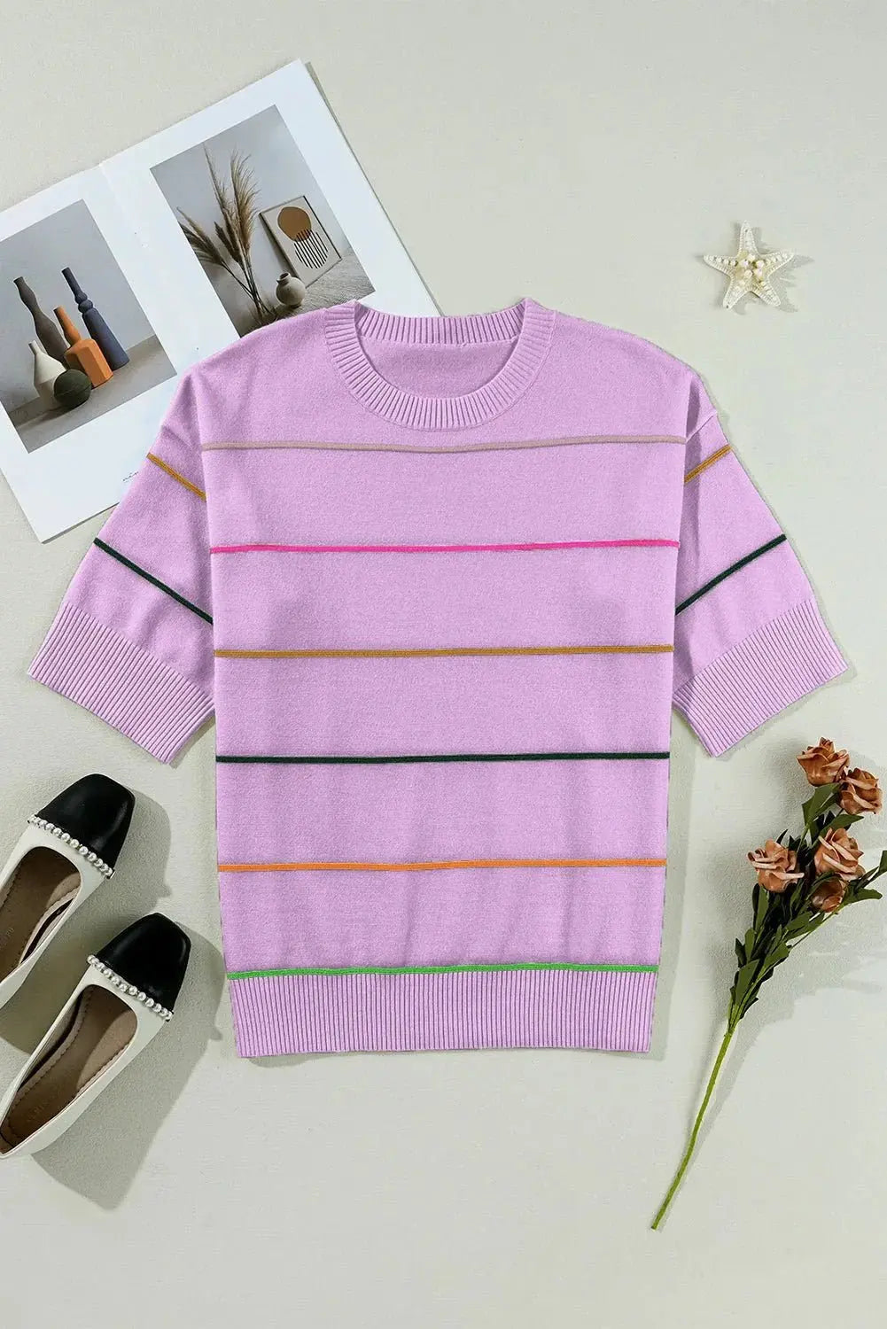 Orchid Petal Striped Half Sleeve Drop Shoulder Sweater