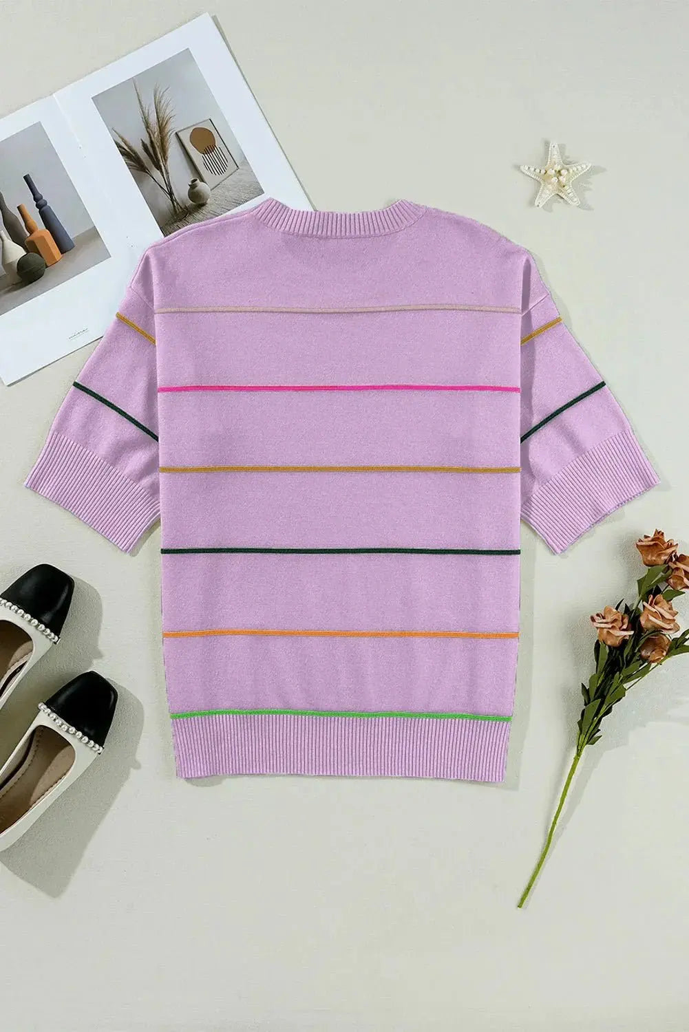 Orchid Petal Striped Half Sleeve Drop Shoulder Sweater