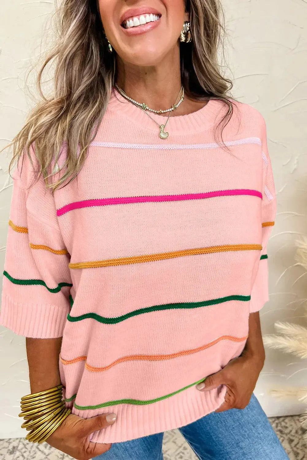 Orchid Petal Striped Half Sleeve Drop Shoulder Sweater