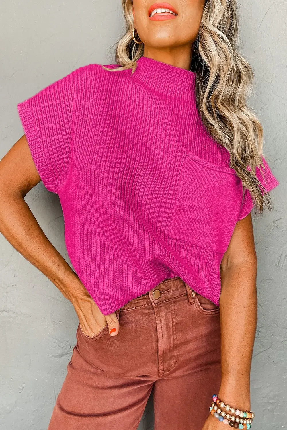 Rose Red Patch Pocket Ribbed Knit Short Sleeve Sweater