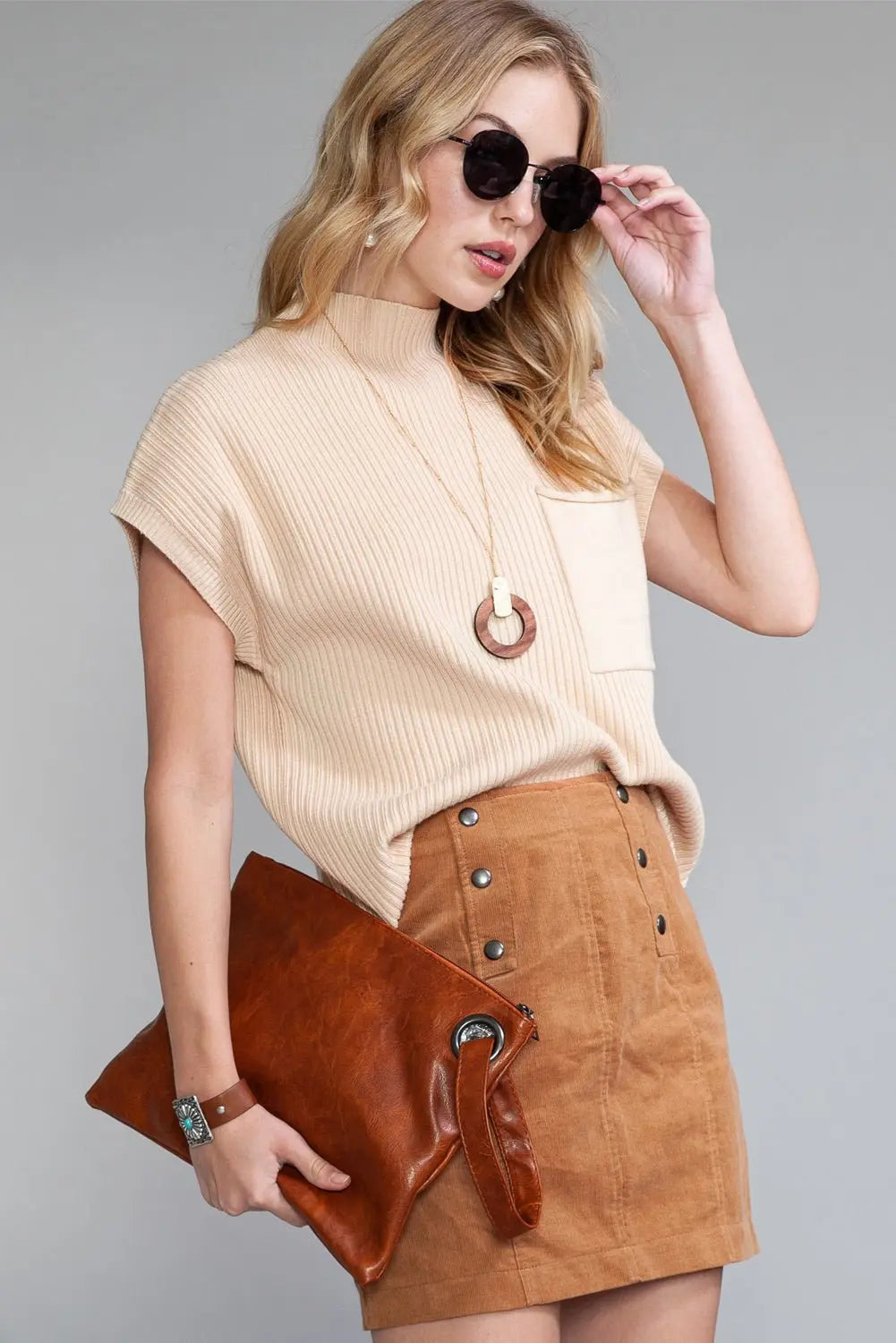 Rose Red Patch Pocket Ribbed Knit Short Sleeve Sweater