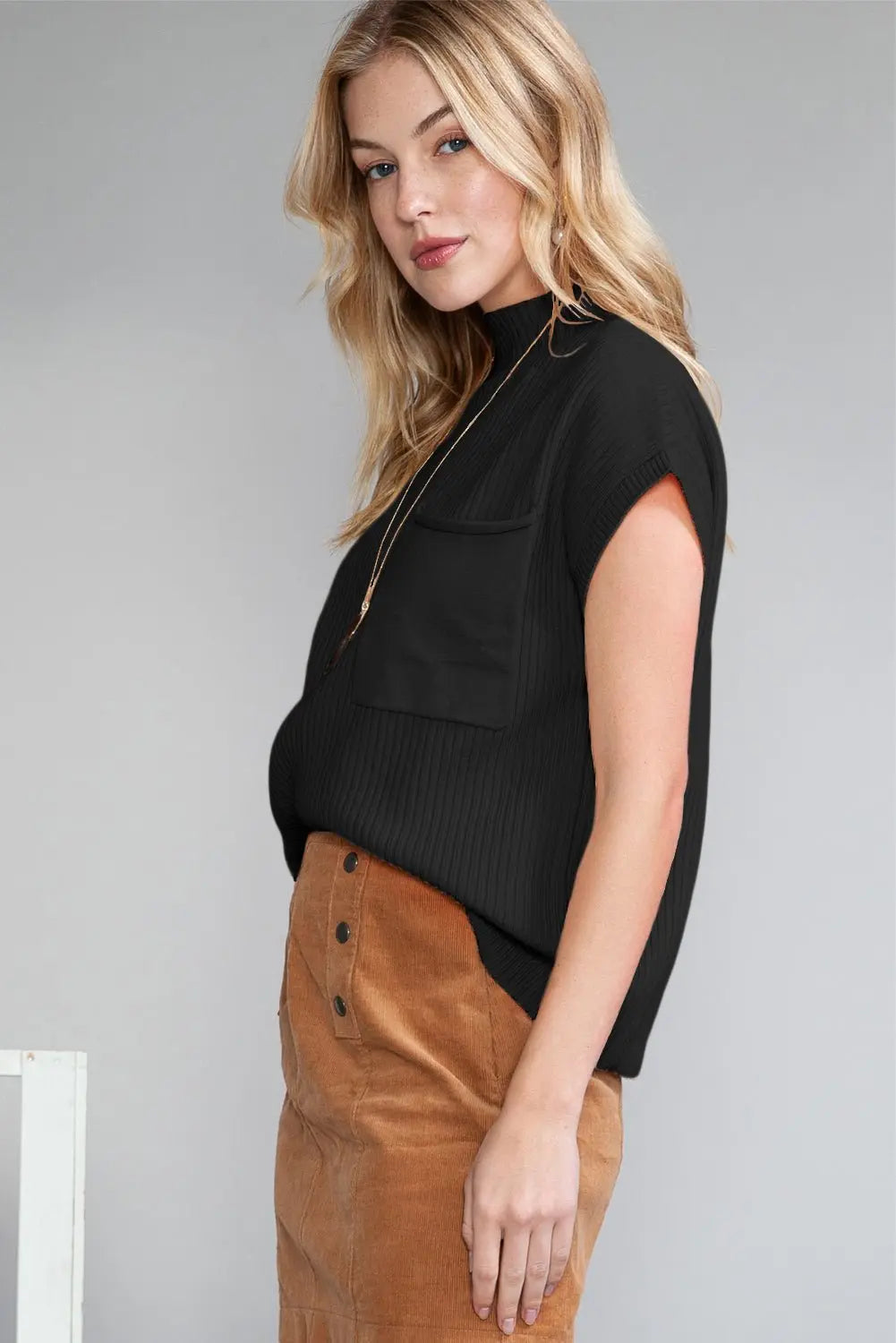 Rose Red Patch Pocket Ribbed Knit Short Sleeve Sweater