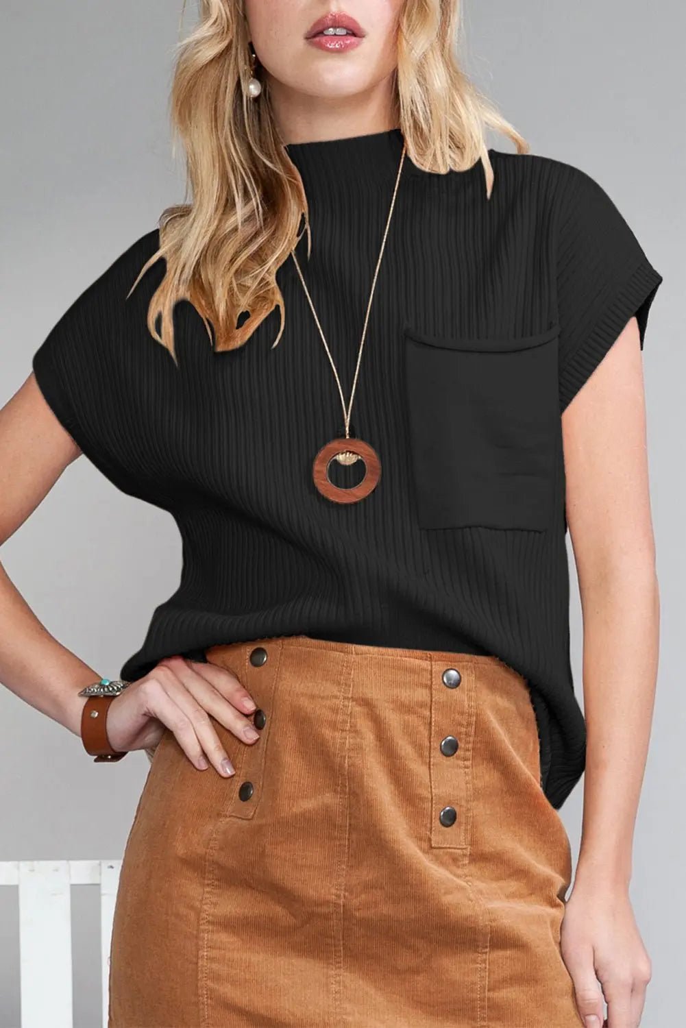 Rose Red Patch Pocket Ribbed Knit Short Sleeve Sweater