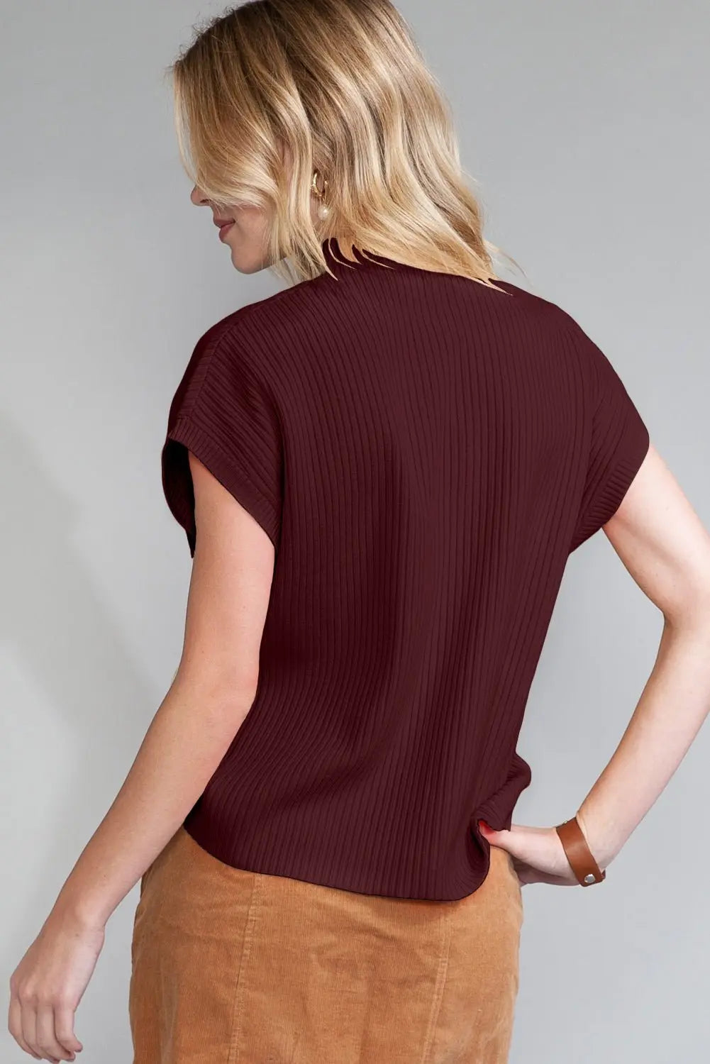 Rose Red Patch Pocket Ribbed Knit Short Sleeve Sweater
