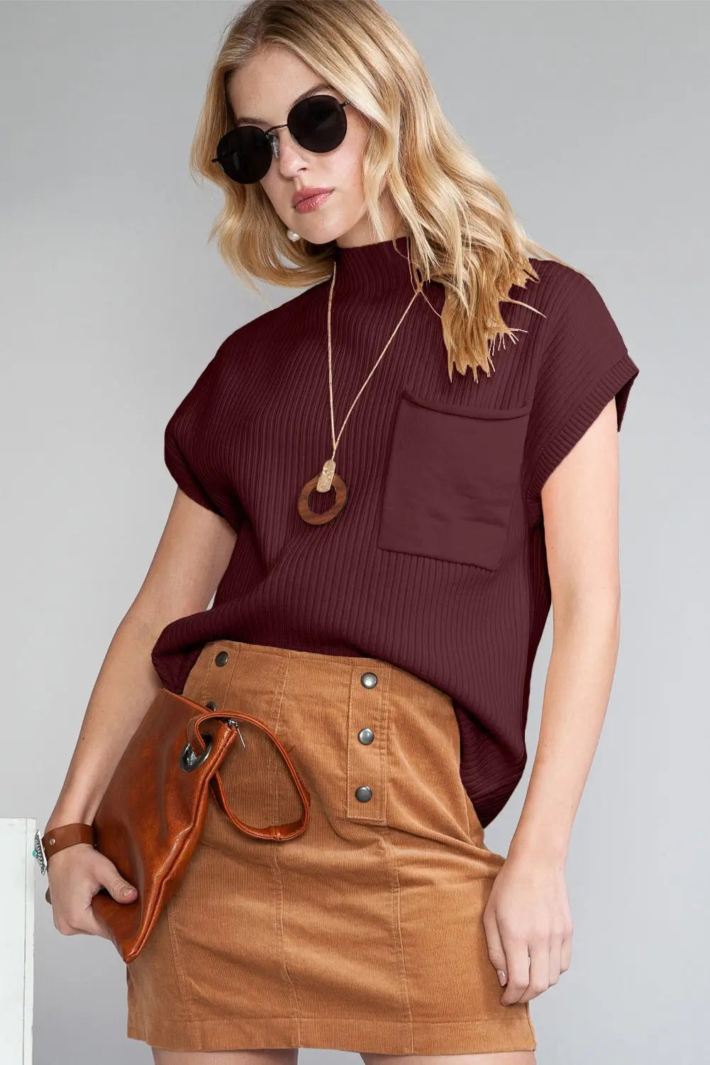 Rose Red Patch Pocket Ribbed Knit Short Sleeve Sweater