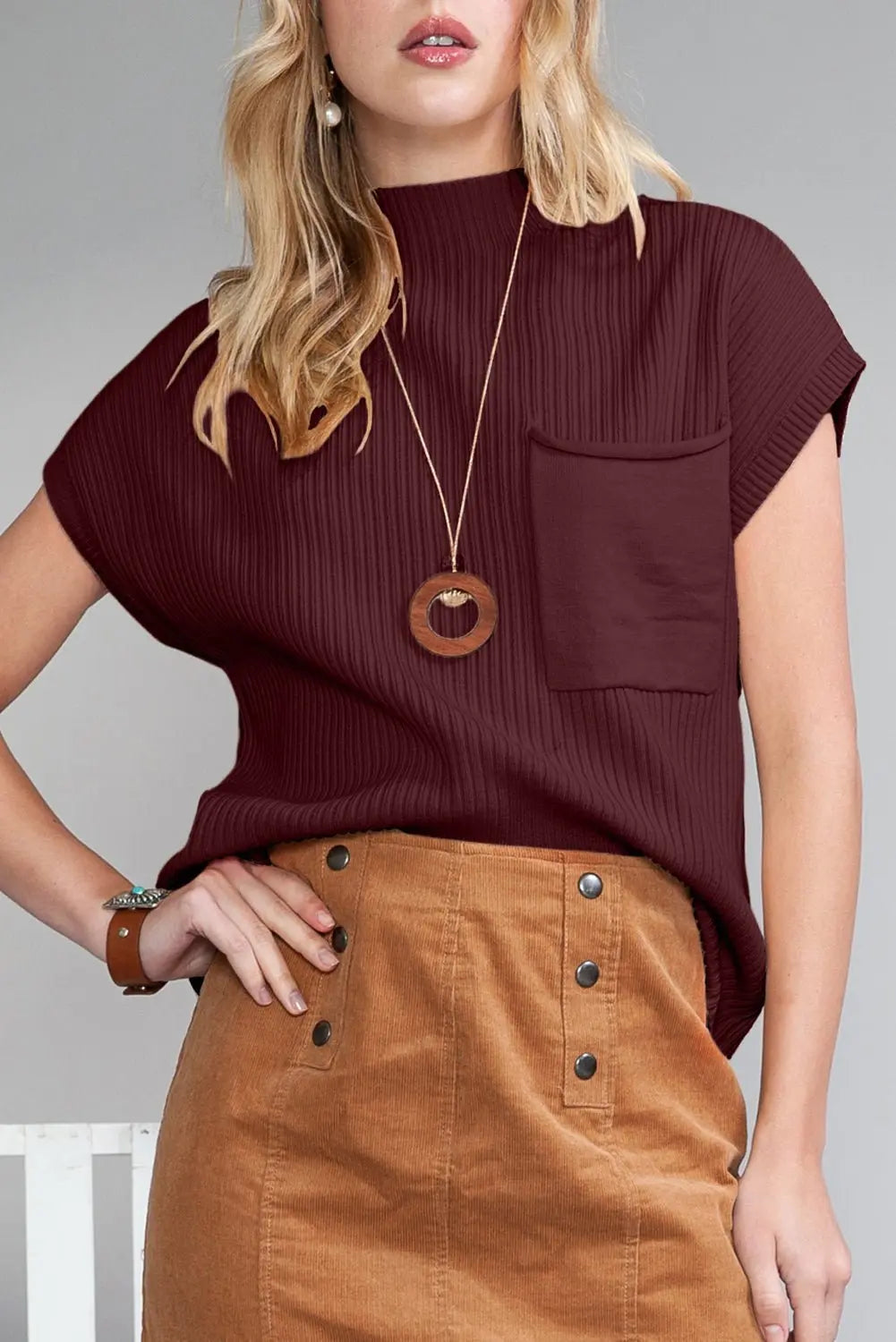 Rose Red Patch Pocket Ribbed Knit Short Sleeve Sweater