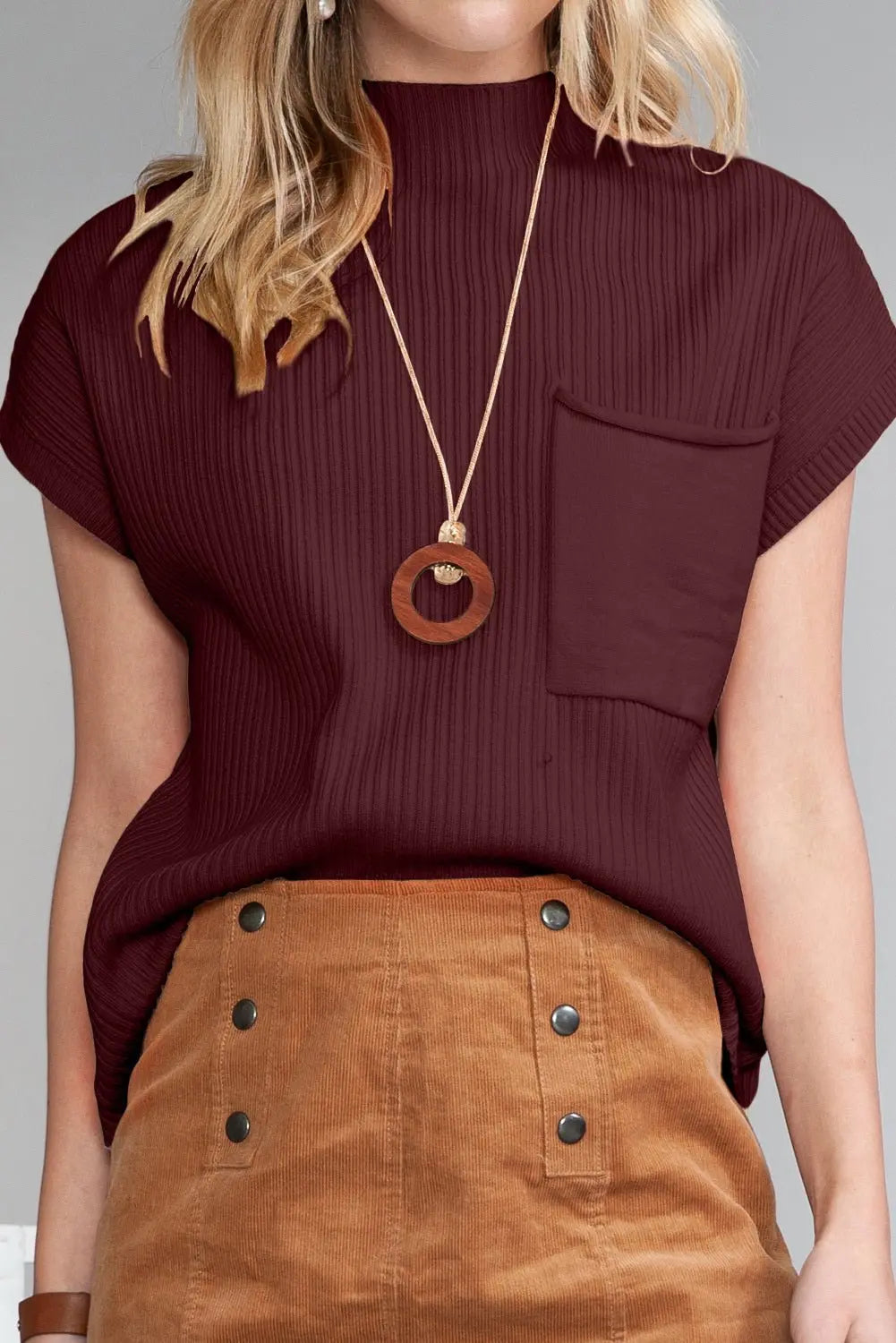 Rose Red Patch Pocket Ribbed Knit Short Sleeve Sweater