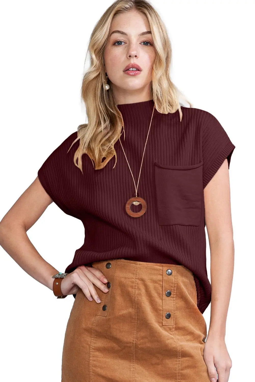 Rose Red Patch Pocket Ribbed Knit Short Sleeve Sweater