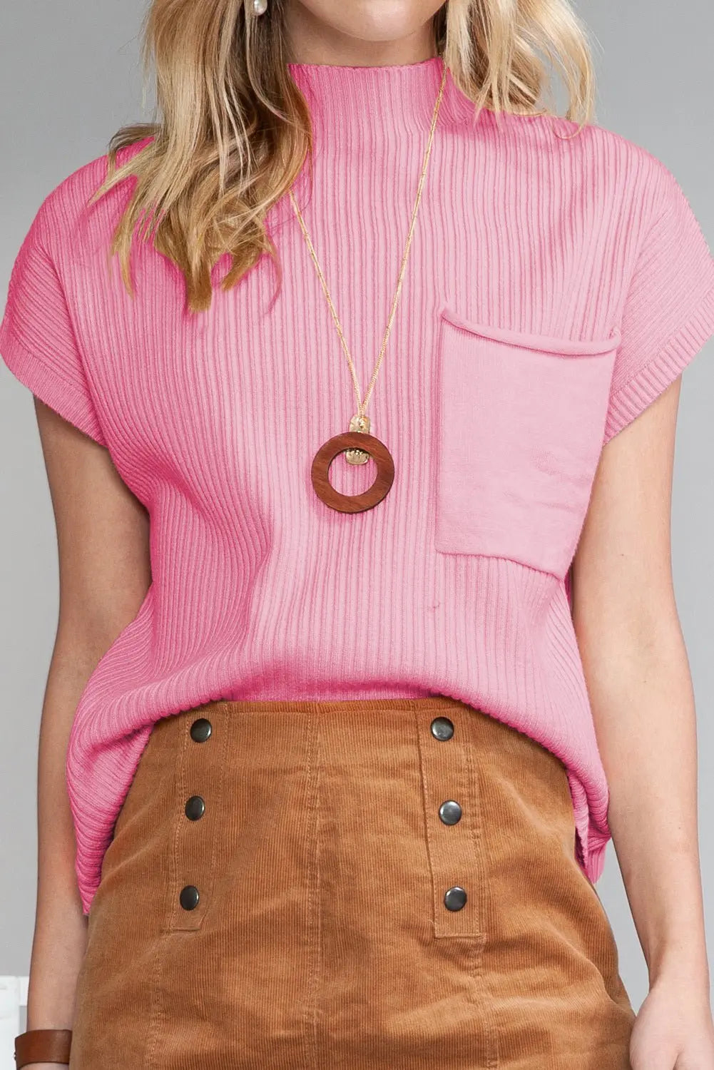 Rose Red Patch Pocket Ribbed Knit Short Sleeve Sweater