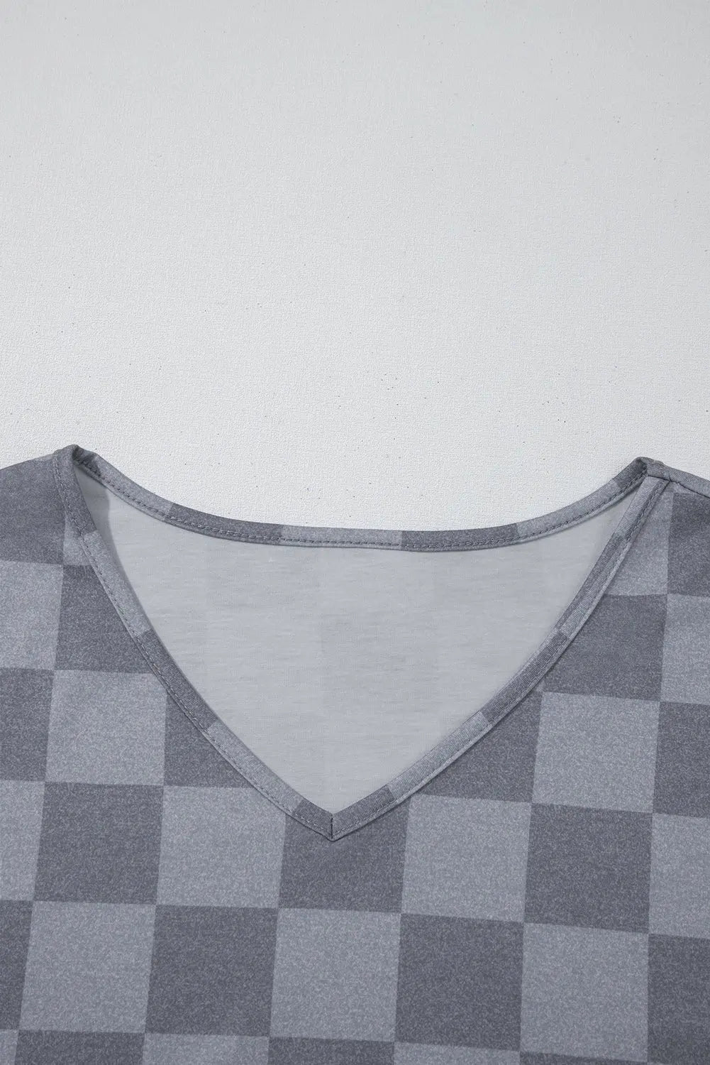 Gray Checkered V Neck Tee and Drawstring Shorts Pajama Set