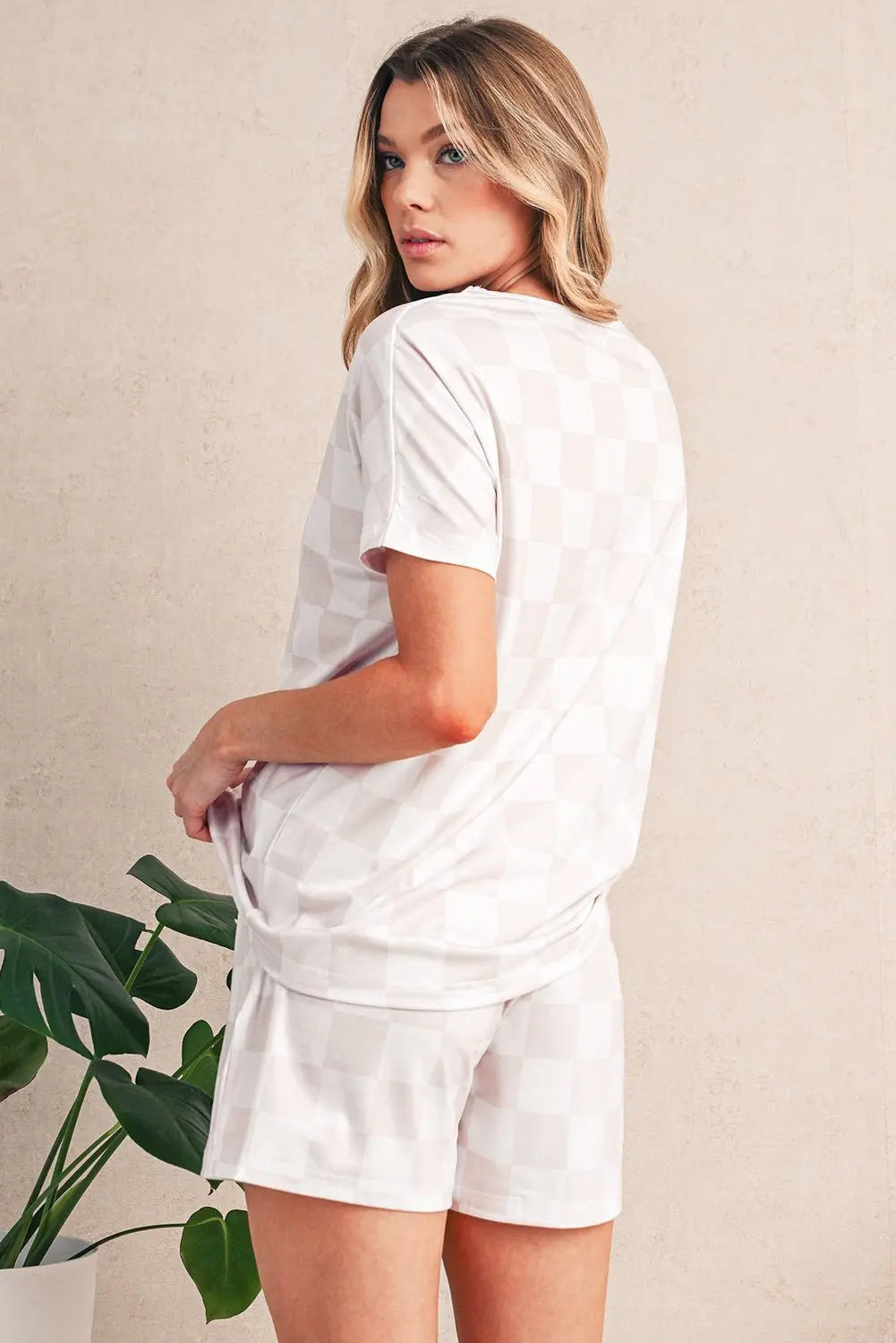 Gray Checkered V Neck Tee and Drawstring Shorts Pajama Set