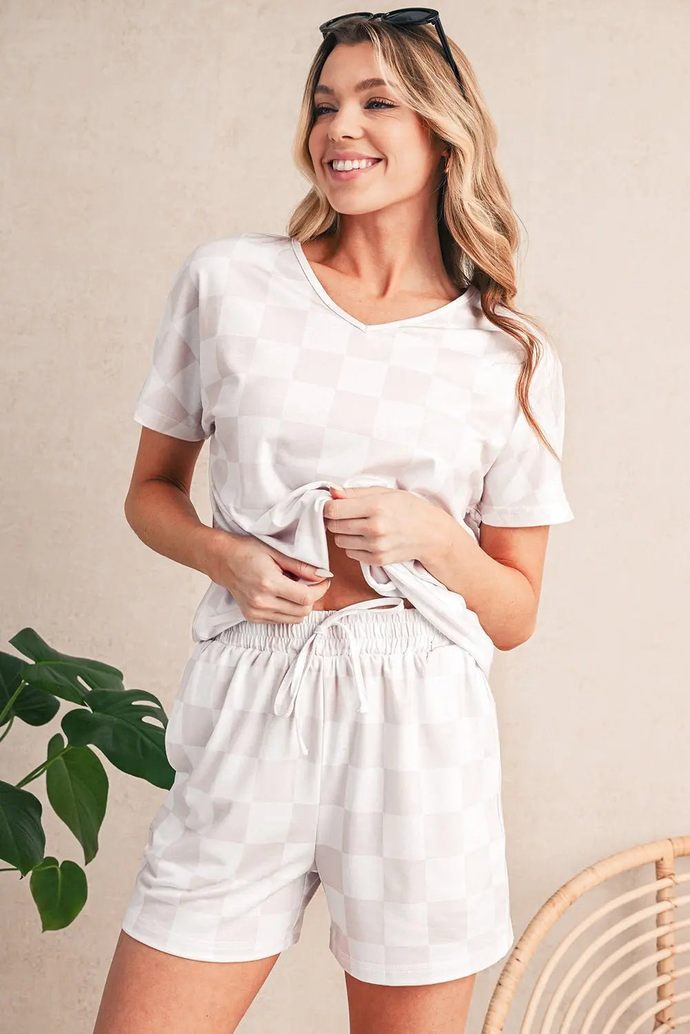 Gray Checkered V Neck Tee and Drawstring Shorts Pajama Set