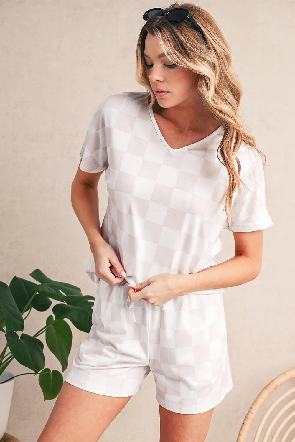 Gray Checkered V Neck Tee and Drawstring Shorts Pajama Set