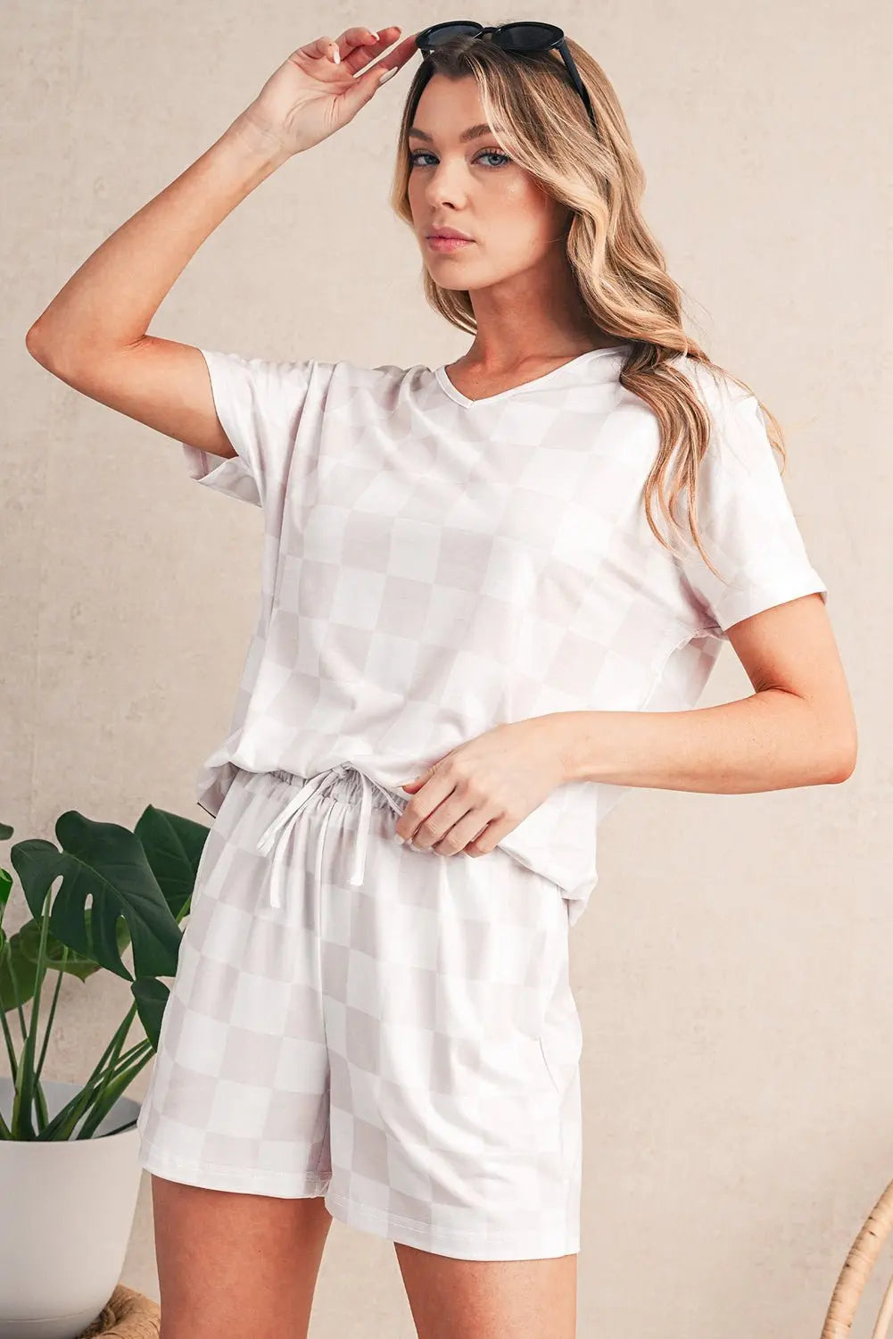 Gray Checkered V Neck Tee and Drawstring Shorts Pajama Set