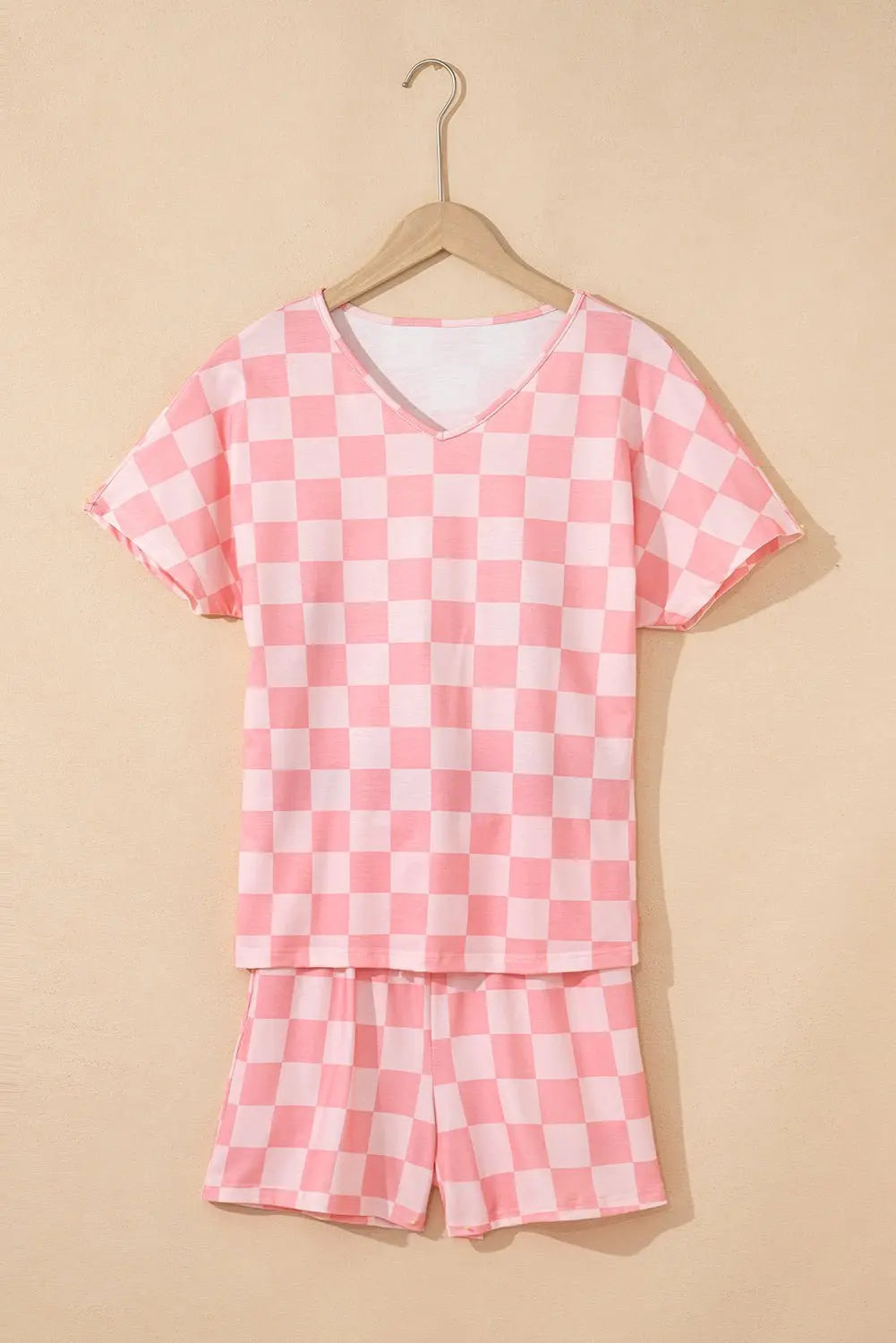 Gray Checkered V Neck Tee and Drawstring Shorts Pajama Set