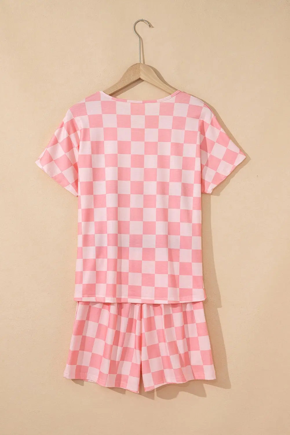 Gray Checkered V Neck Tee and Drawstring Shorts Pajama Set