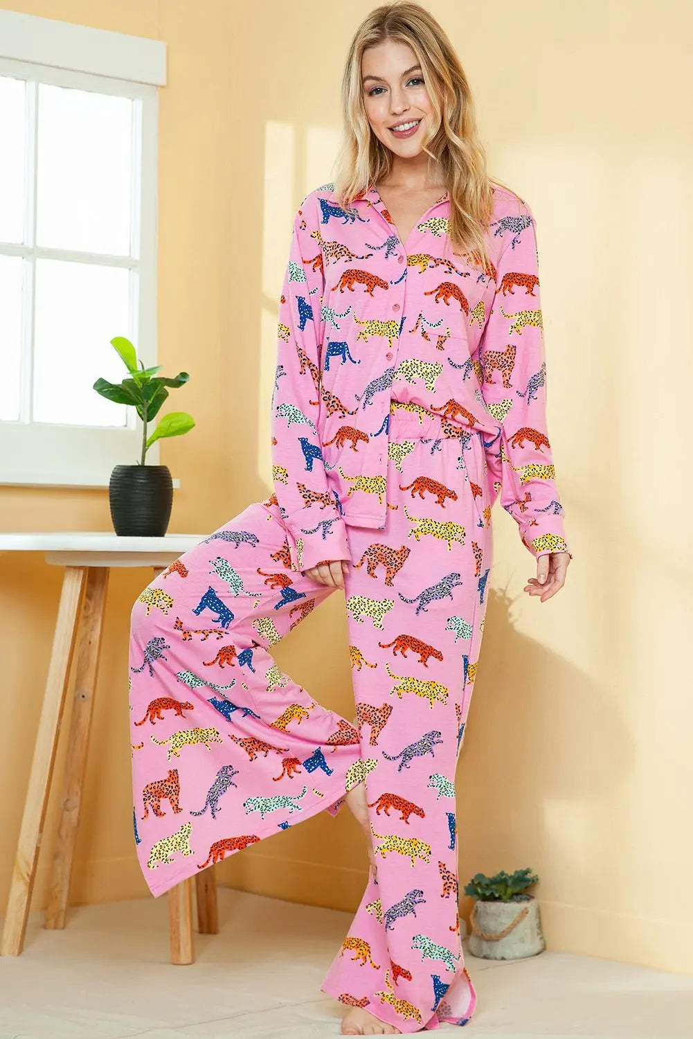 Pink Cheetah Print Shirt and Wide Leg Pants Pajama Set