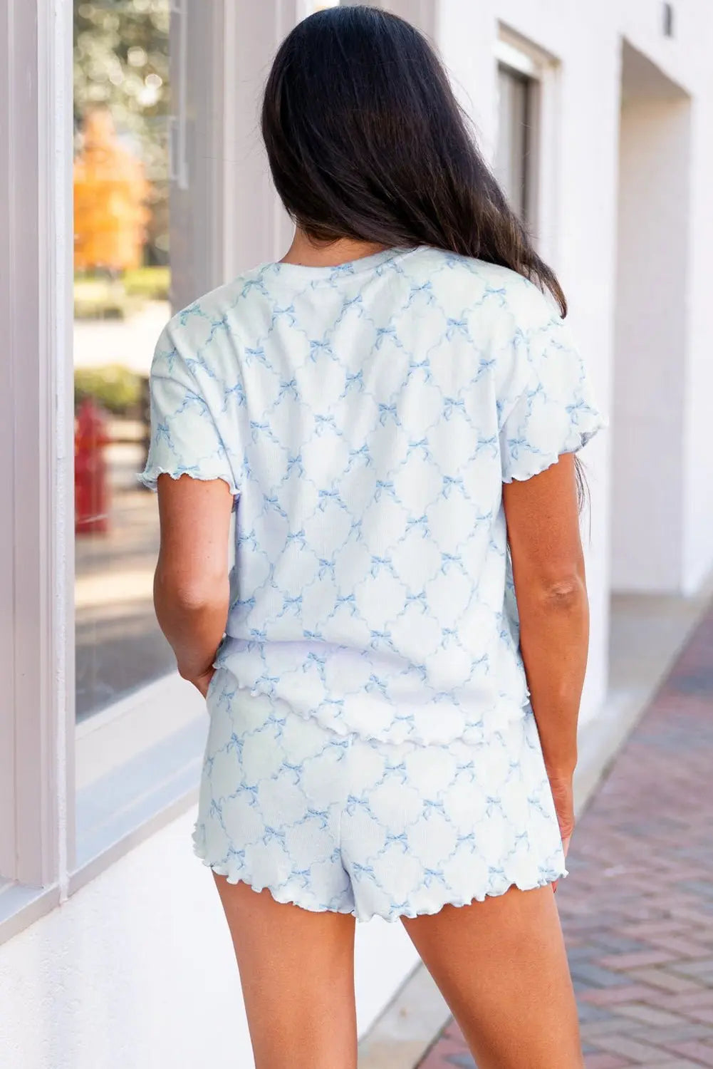 Sky Blue Bowknot Print Lettuce Trim Two Piece Pajama Set