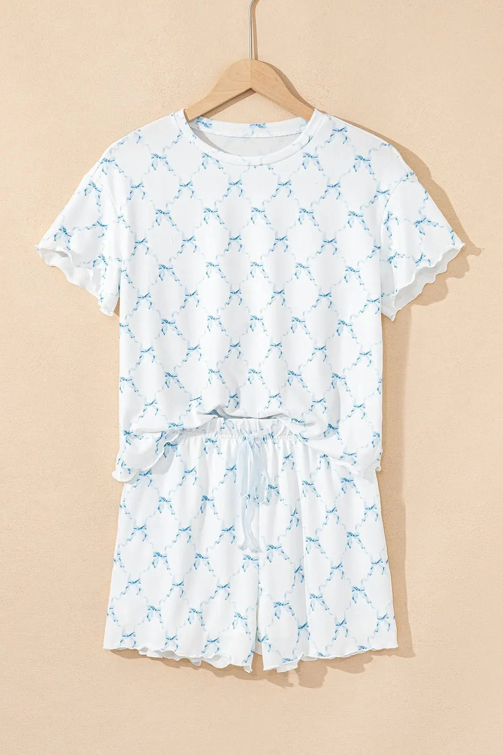 Sky Blue Bowknot Print Lettuce Trim Two Piece Pajama Set