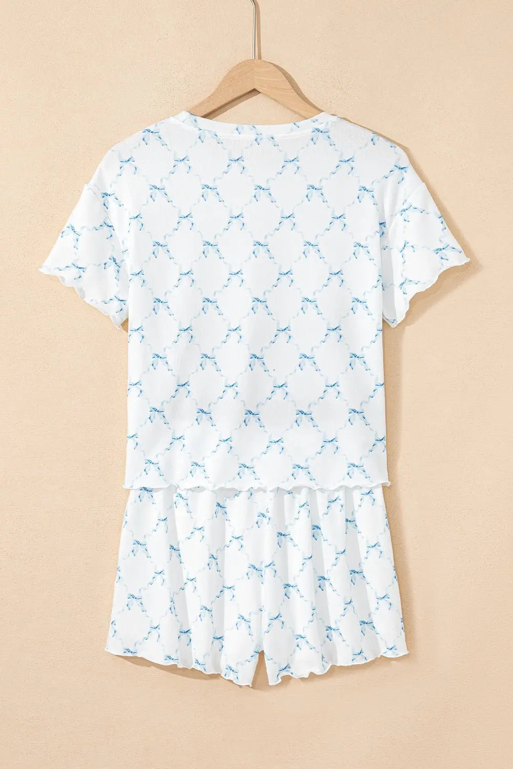 Sky Blue Bowknot Print Lettuce Trim Two Piece Pajama Set