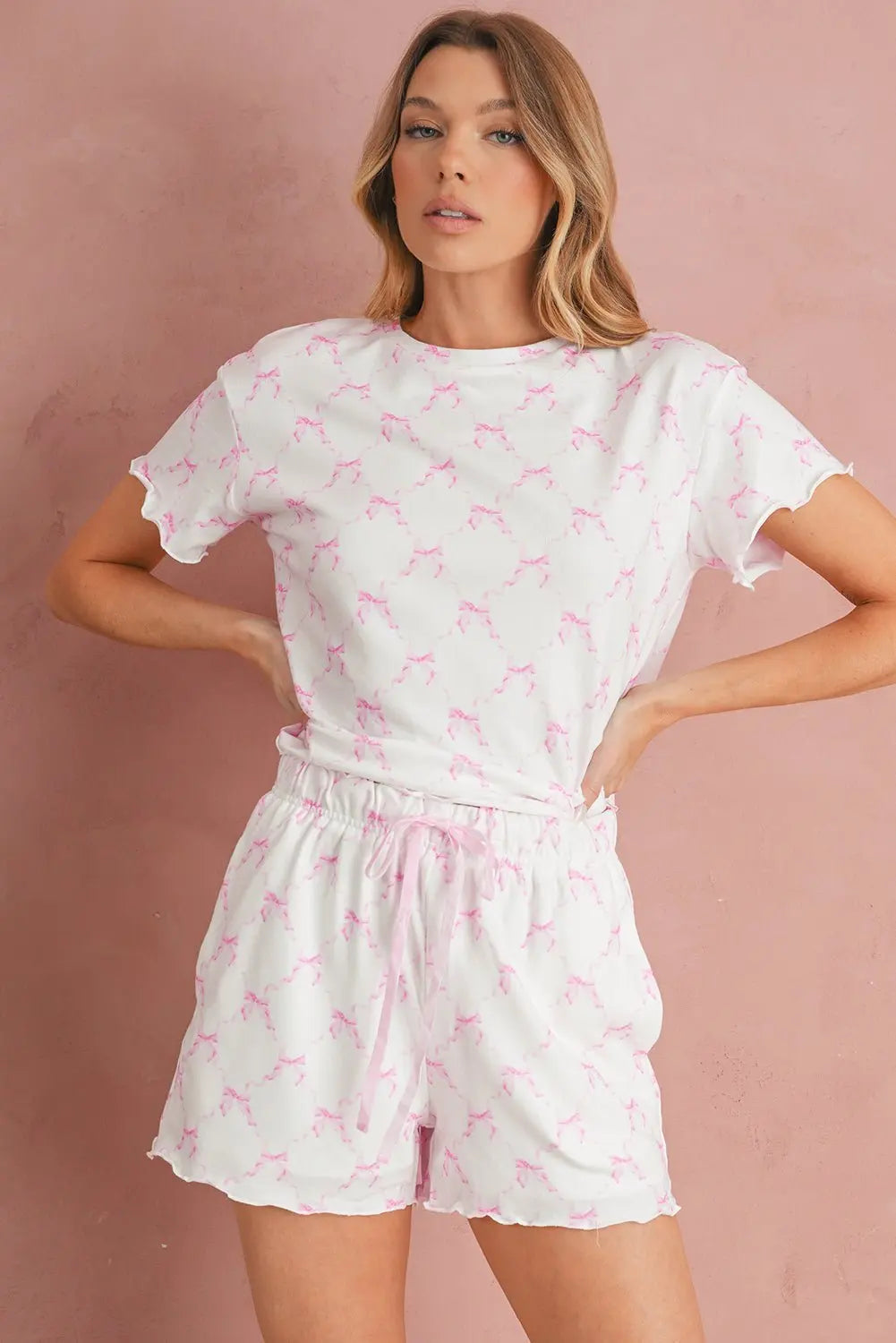 Sky Blue Bowknot Print Lettuce Trim Two Piece Pajama Set