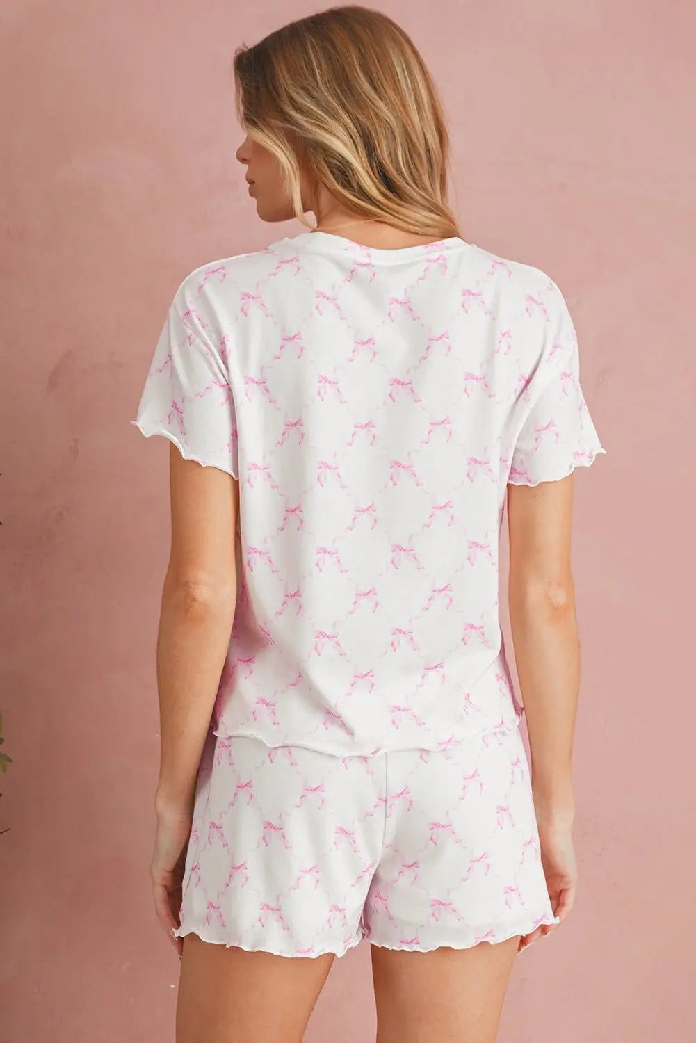 Sky Blue Bowknot Print Lettuce Trim Two Piece Pajama Set