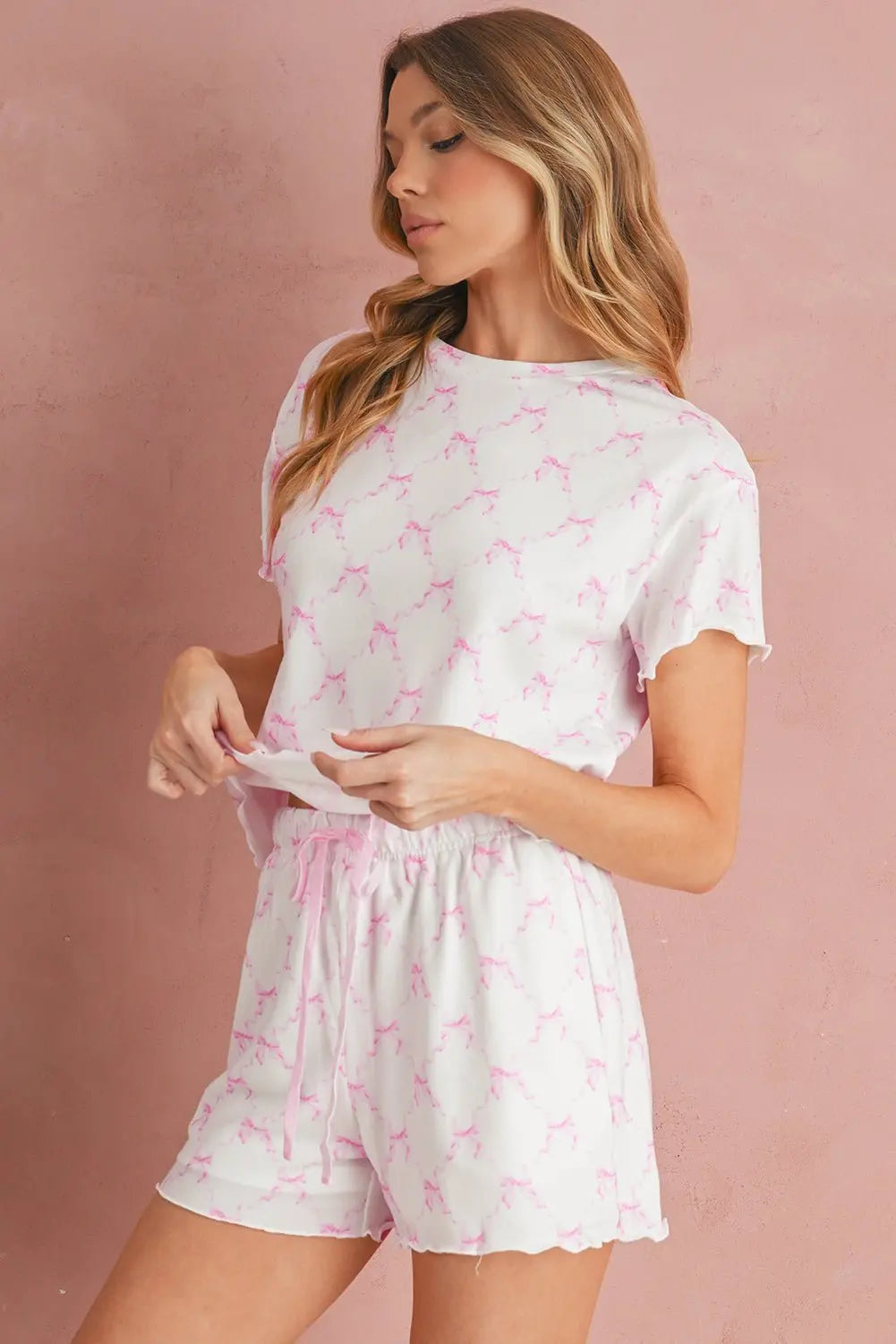 Sky Blue Bowknot Print Lettuce Trim Two Piece Pajama Set
