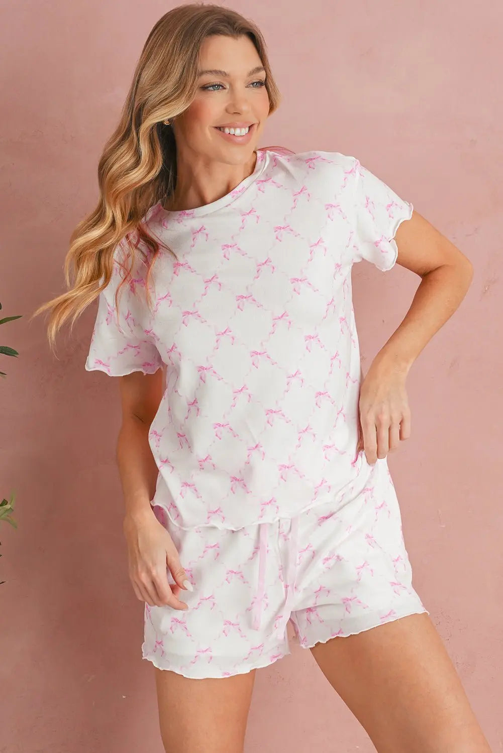 Sky Blue Bowknot Print Lettuce Trim Two Piece Pajama Set