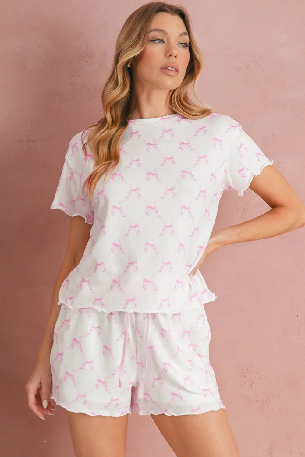Sky Blue Bowknot Print Lettuce Trim Two Piece Pajama Set