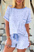 Sky Blue Bow Print Piping Trim Tee and Shorts Pajama Set