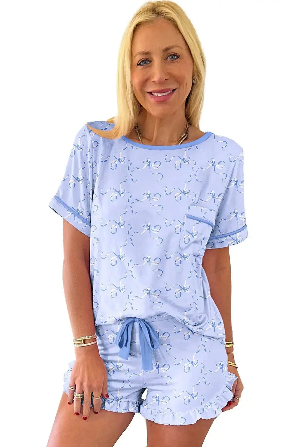 Sky Blue Bow Print Piping Trim Tee and Shorts Pajama Set