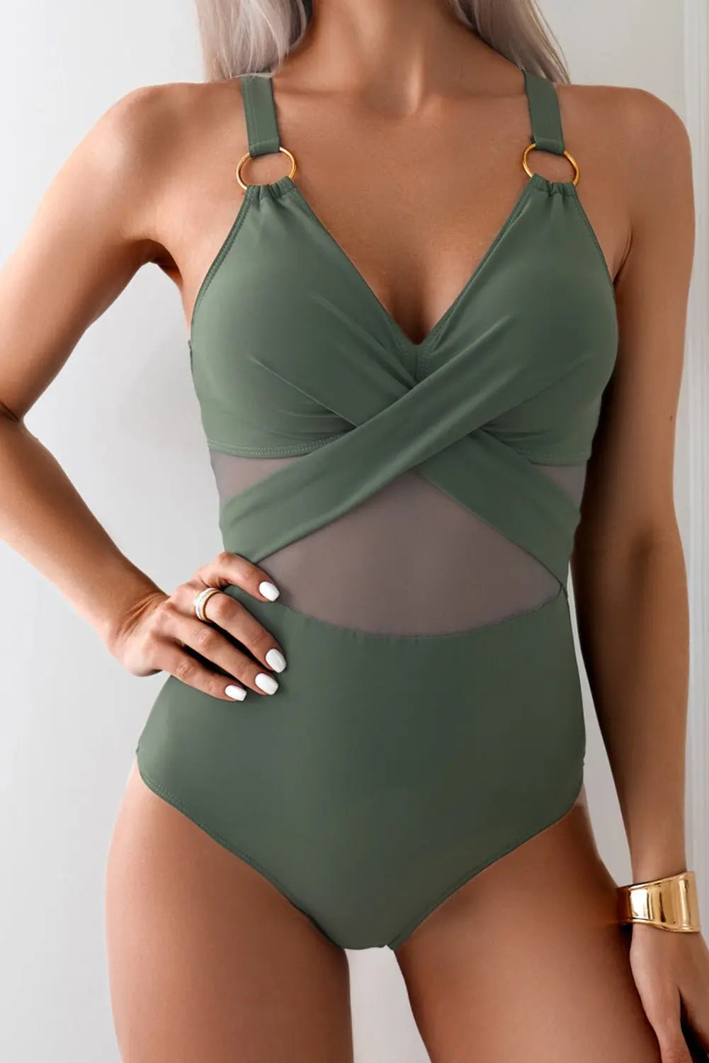 Green Bay Criss Cross V Neck Mesh One Piece swimsuit