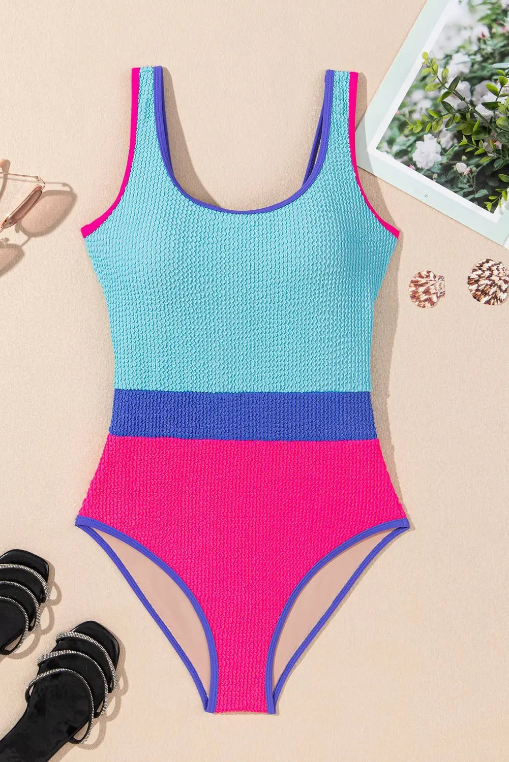 Rose Red Textured Colorblock One Piece Swimsuit