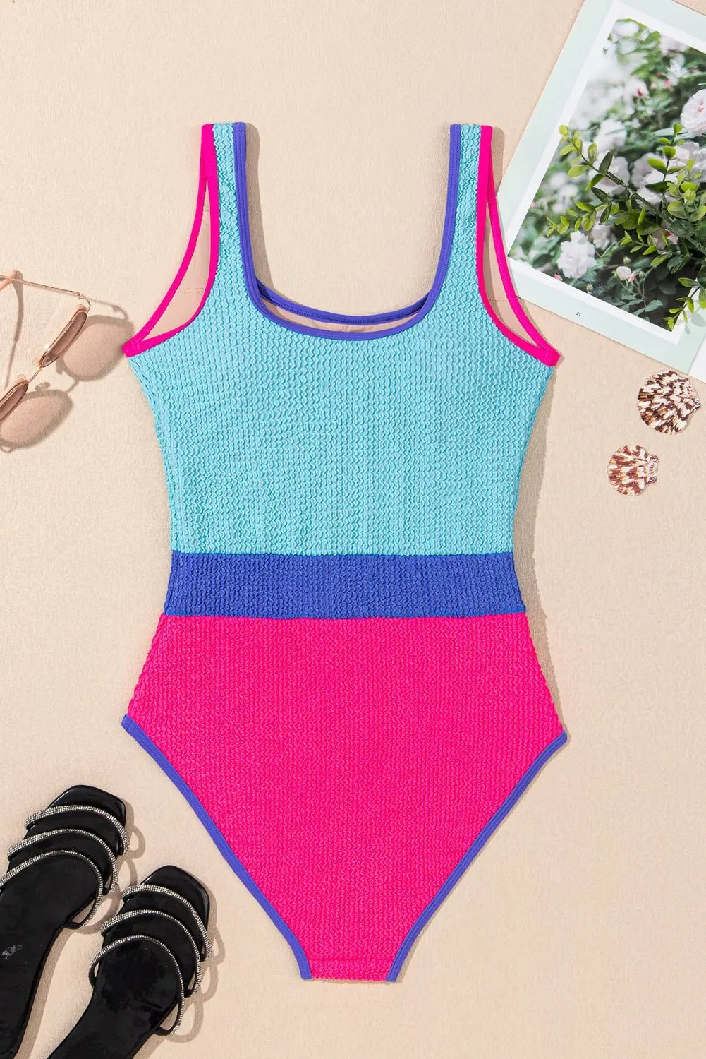Rose Red Textured Colorblock One Piece Swimsuit