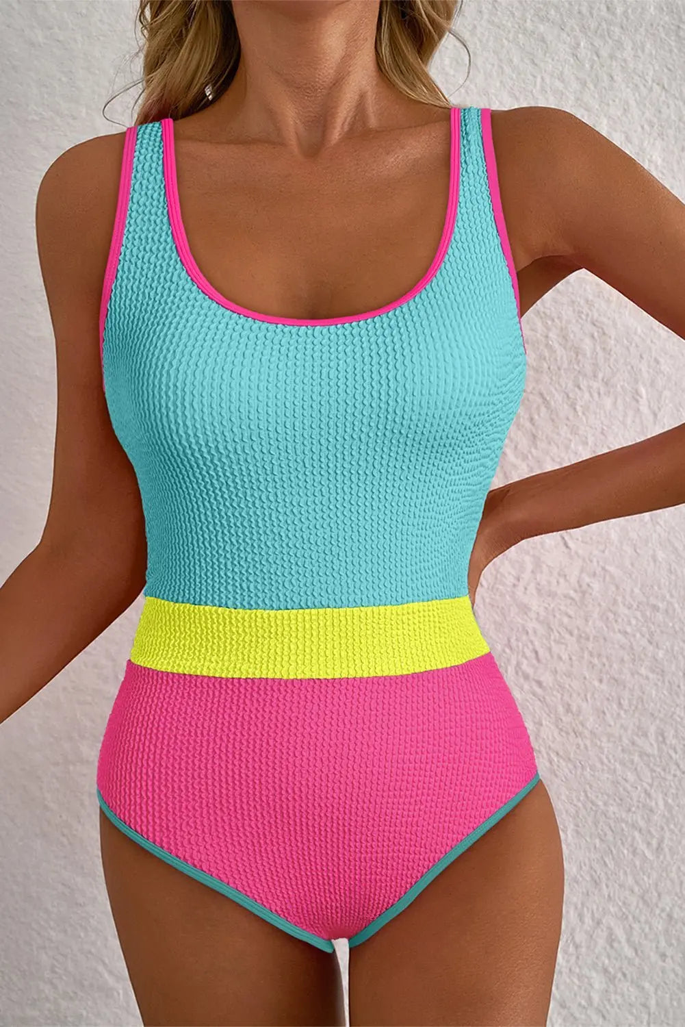 Rose Red Textured Colorblock One Piece Swimsuit