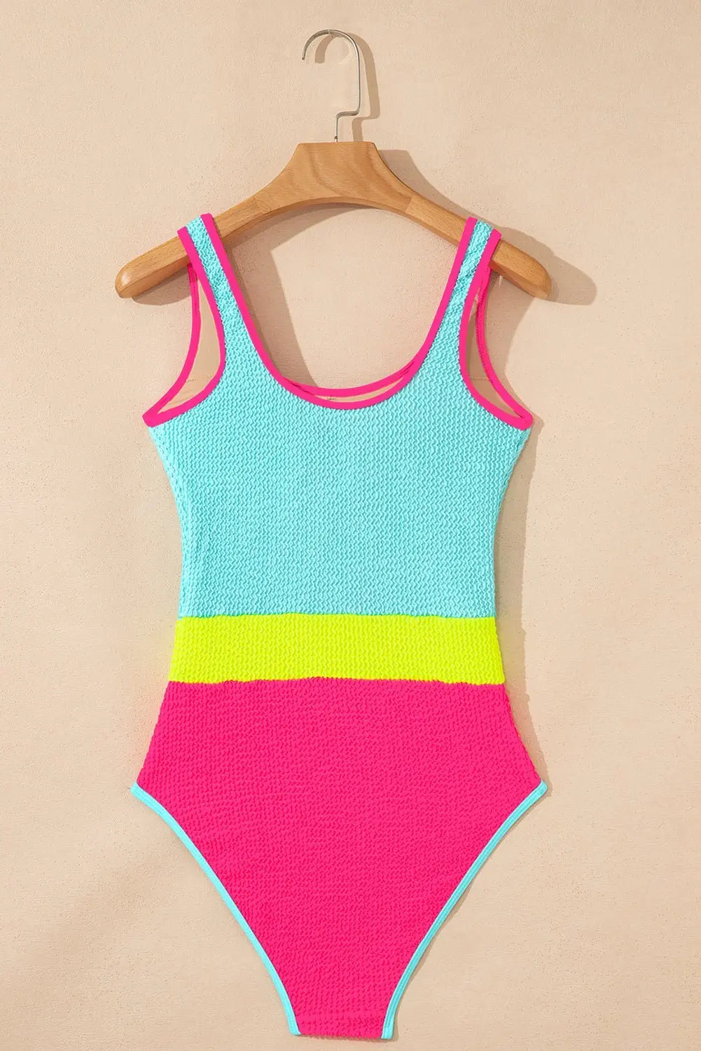 Rose Red Textured Colorblock One Piece Swimsuit