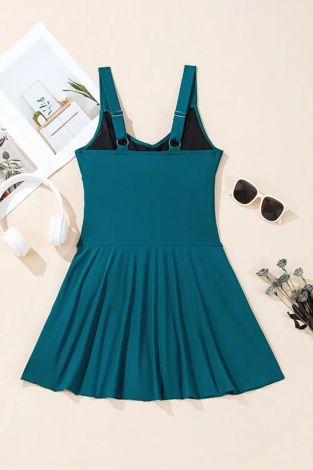 Navy Blue Adjustable Straps Cutout Ruched Knot Slit One Piece Swim Dress
