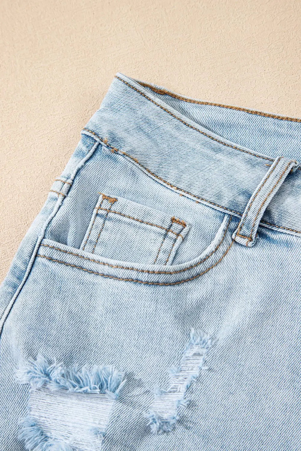 Beau Blue High Rise Distressed Raw Hem Denim Shorts