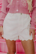 White Scalloped Hemline Light Wash Denim Shorts