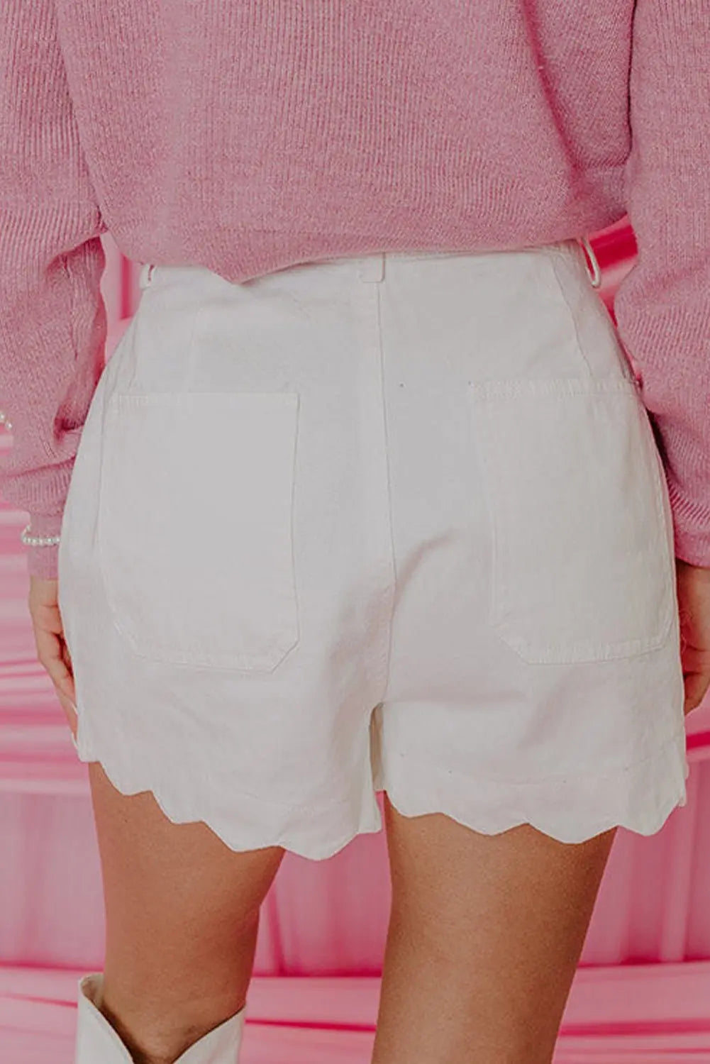 White Scalloped Hemline Light Wash Denim Shorts