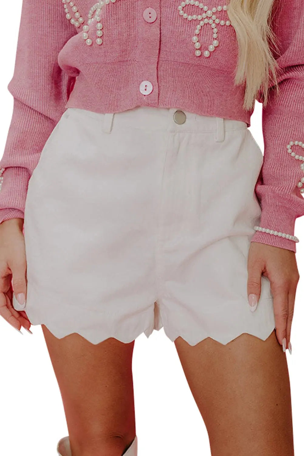 White Scalloped Hemline Light Wash Denim Shorts