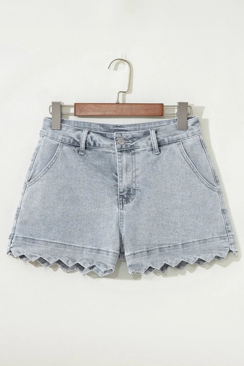 White Scalloped Hemline Light Wash Denim Shorts