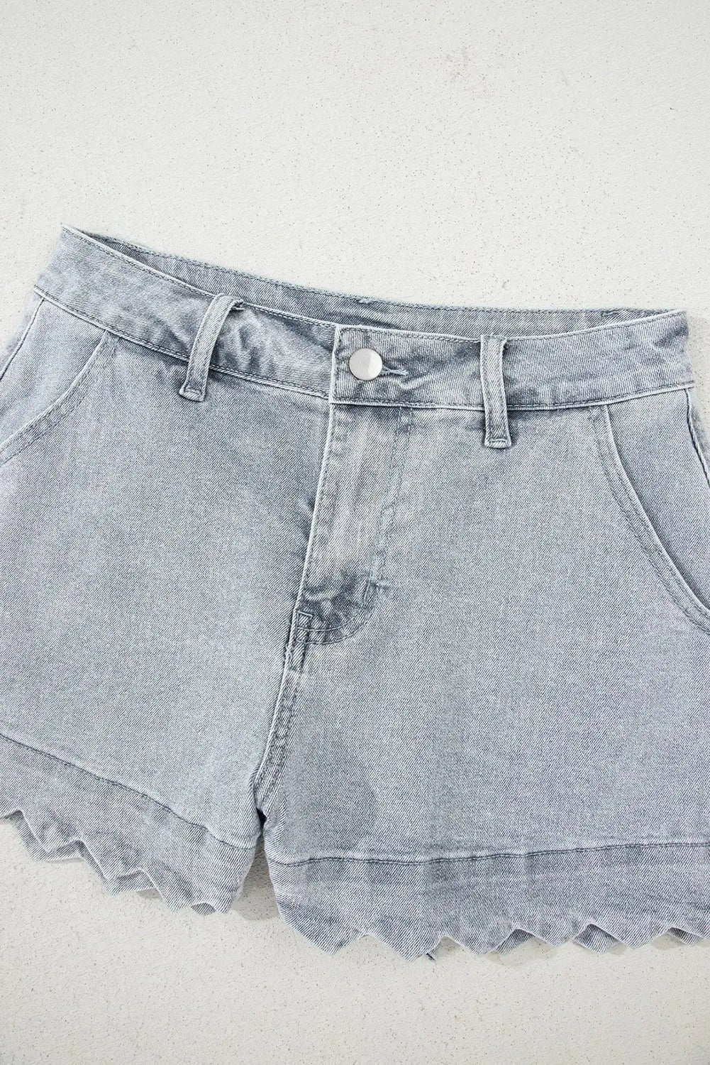 White Scalloped Hemline Light Wash Denim Shorts