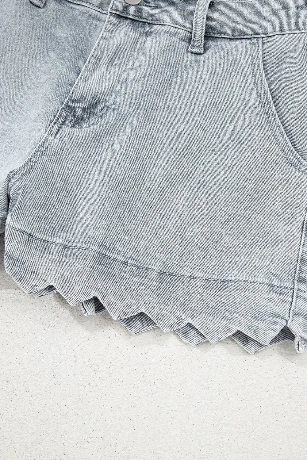 White Scalloped Hemline Light Wash Denim Shorts
