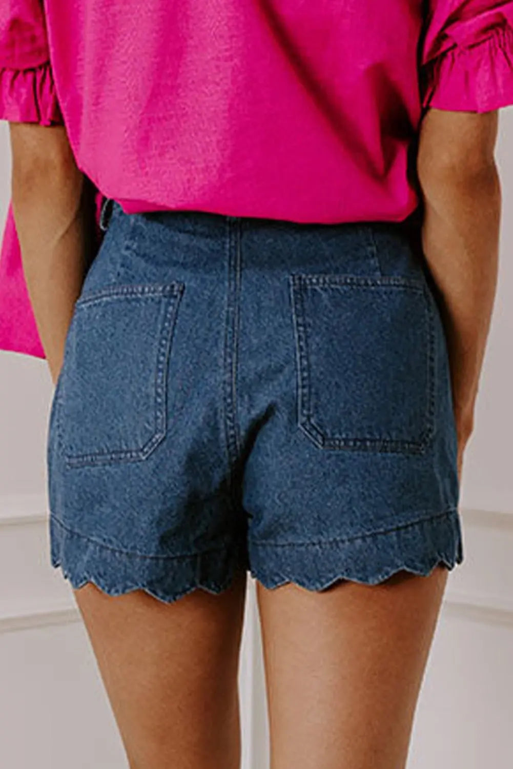 White Scalloped Hemline Light Wash Denim Shorts