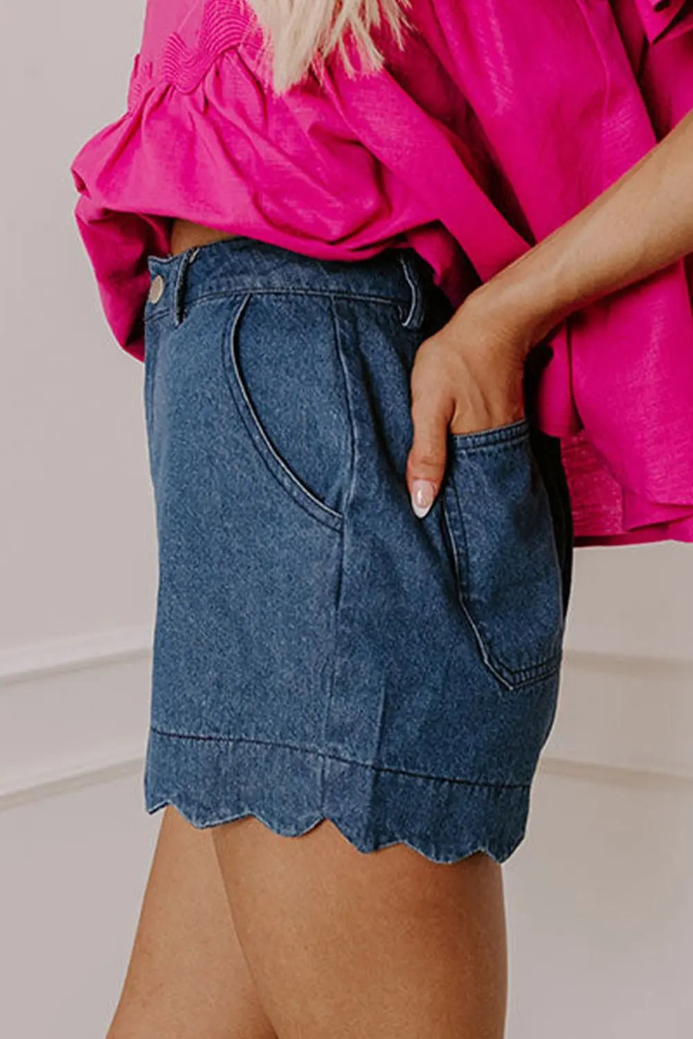 White Scalloped Hemline Light Wash Denim Shorts