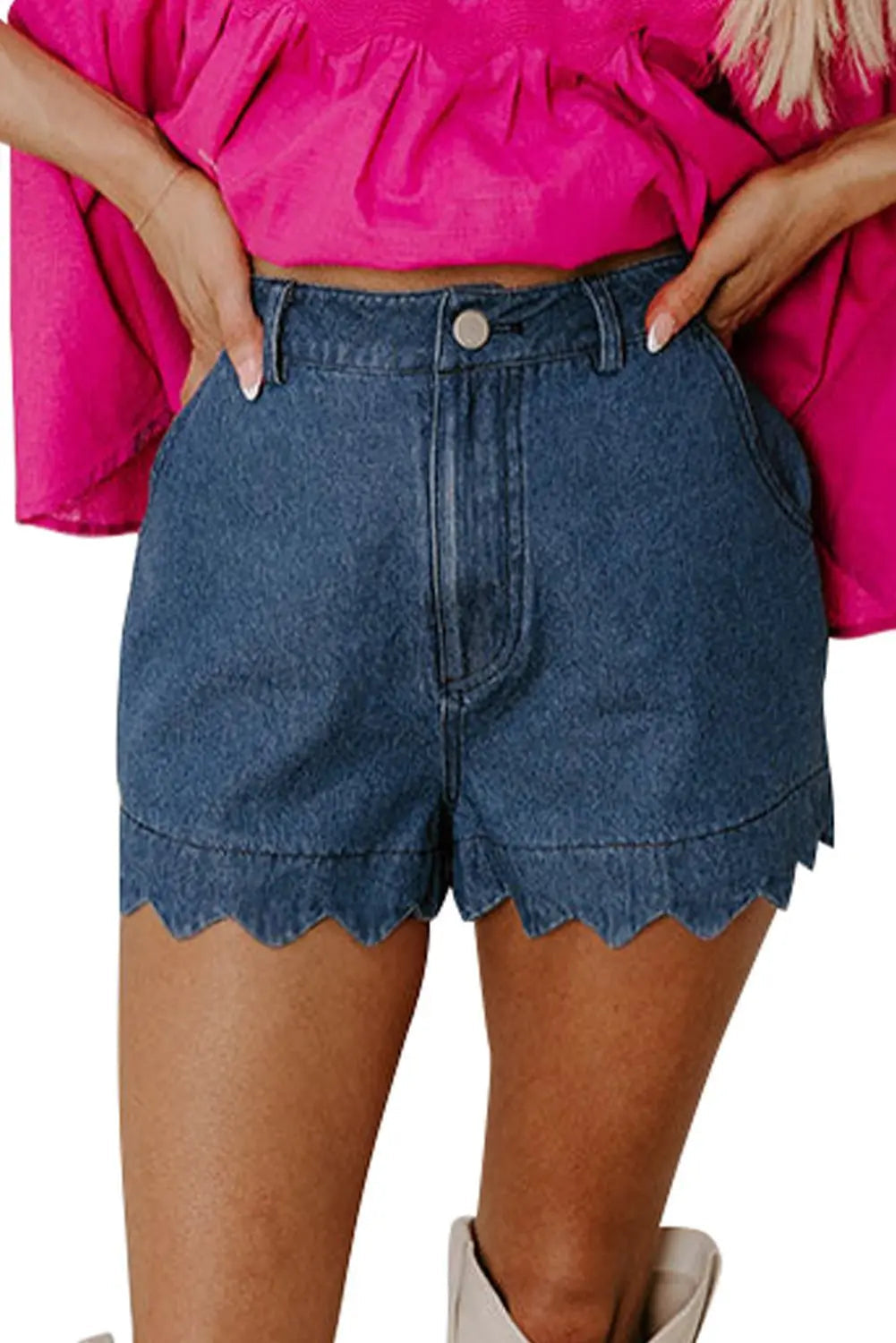 White Scalloped Hemline Light Wash Denim Shorts