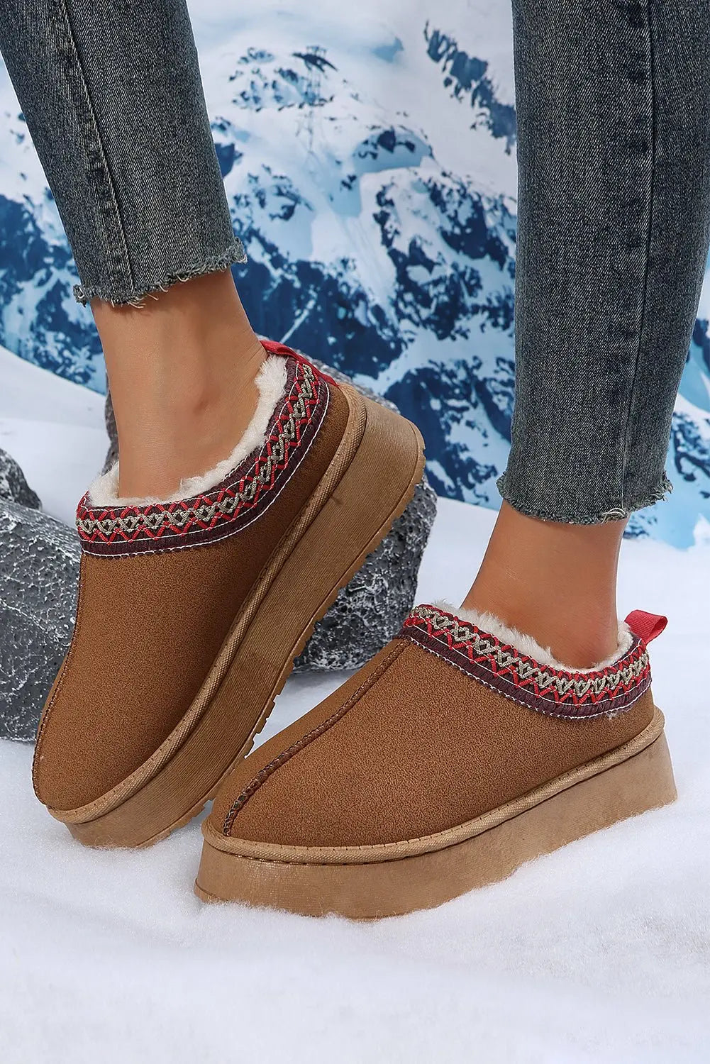 Chestnut Suede Contrast Print Round Toe Plush Lined Flats