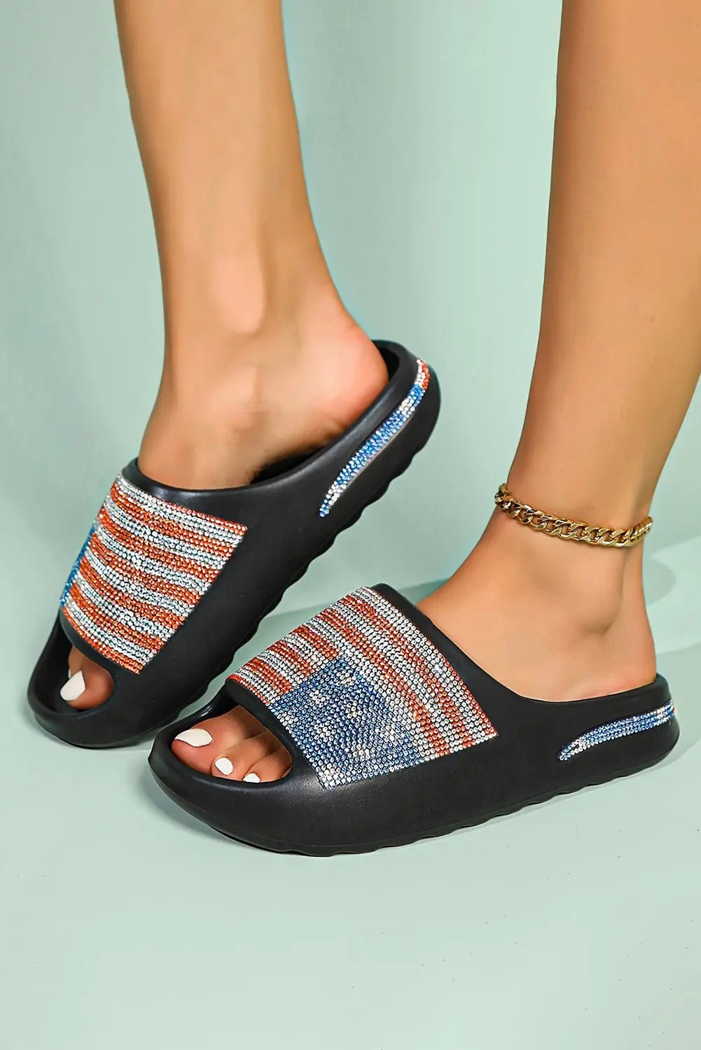 Black Rhinestone American Flag Thick Sole Slides Shoes